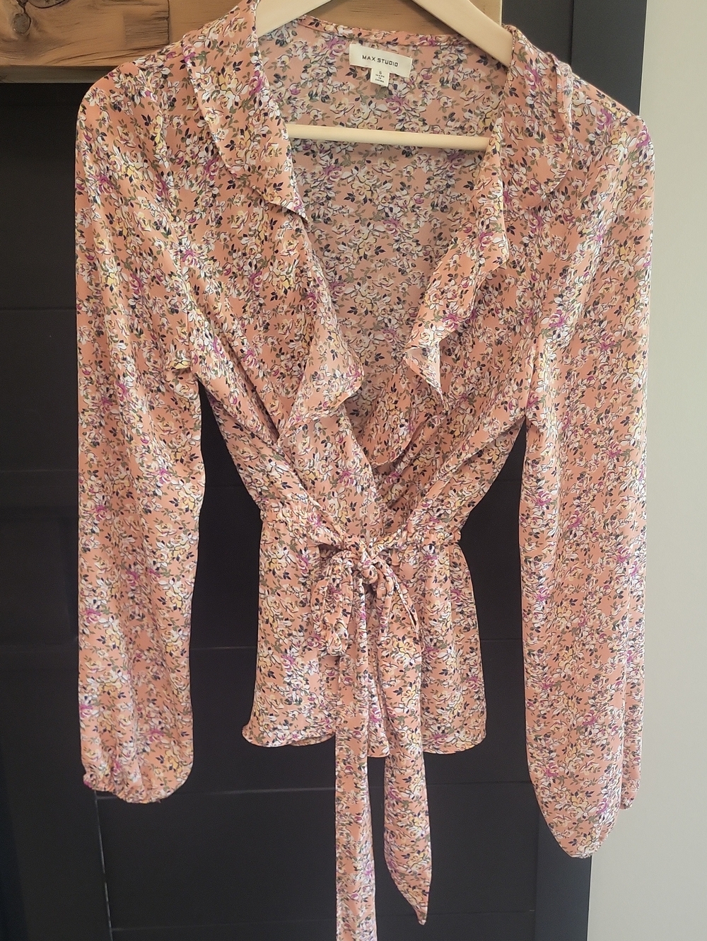 Max Studio Peach Floral Wrap Blouse with Ruffle Neck
